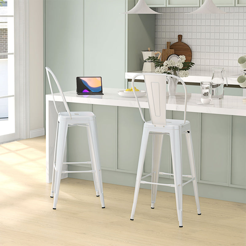 Set 2 Sgabelli da Bar Stile Industriale Schienale Rimovibile 44x49x116 cm in Metallo Bianco-2