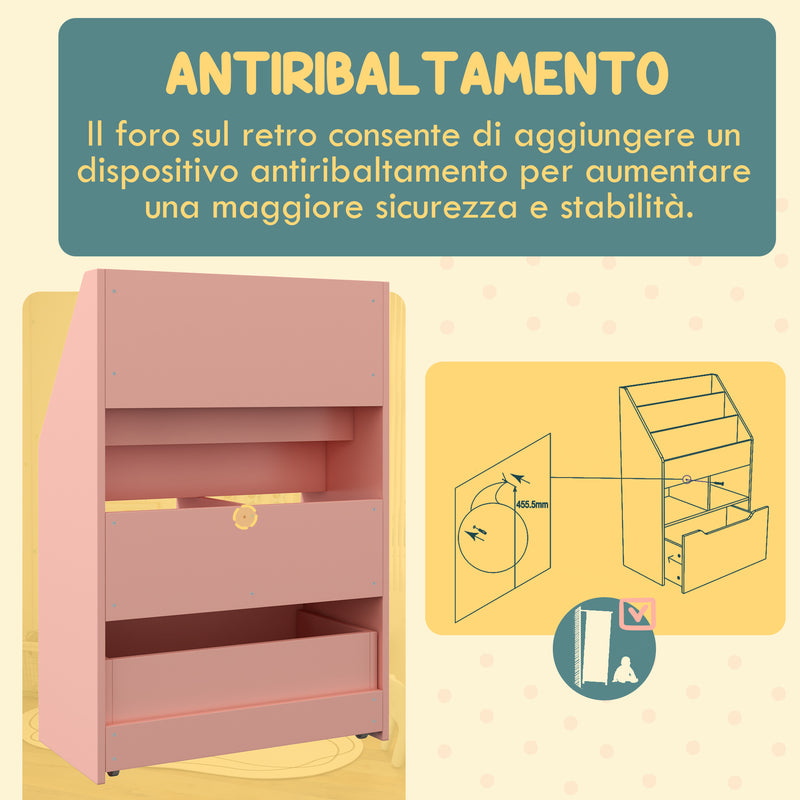 Libreria per Bambini con Ripiani Mensole e Cassetto 60x29,9x90 cm in MDF Rosa -5