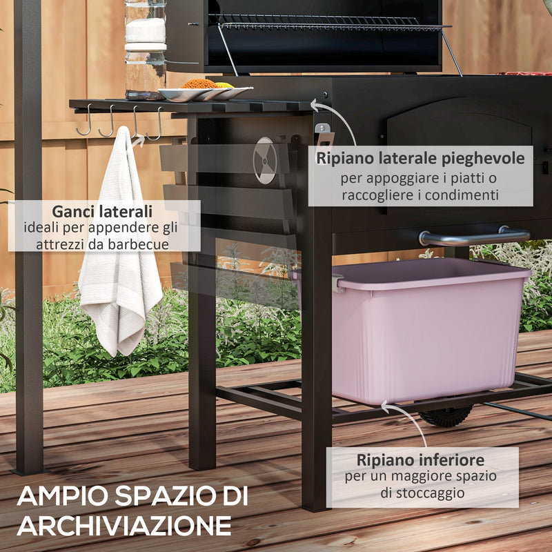 Barbecue da Giardino a 2 Ruote con Griglia Affumicatore e Fornello 124x66x112 cm in Metallo e Ghisa Nero-6