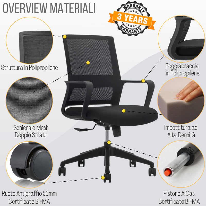 Sedia Operativa da Ufficio 45x51x94/100h cm Ergonomica con Supporto Lombare Nera-6