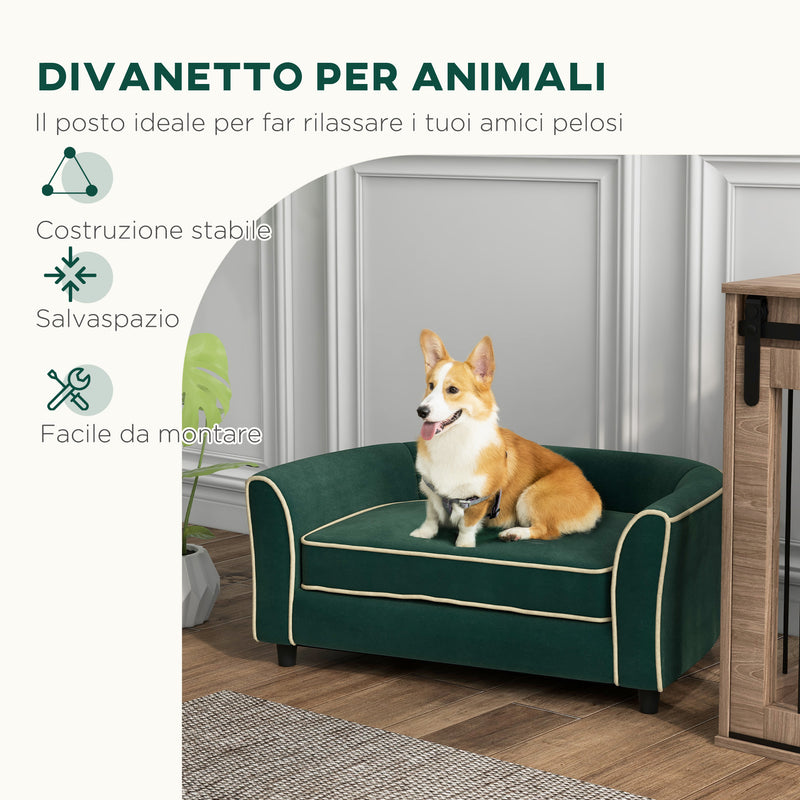 Cuccia Divano per Cani Taglia Piccola e Media con Cuscino 79x56x35 cm in Velluto Verde Scuro -6