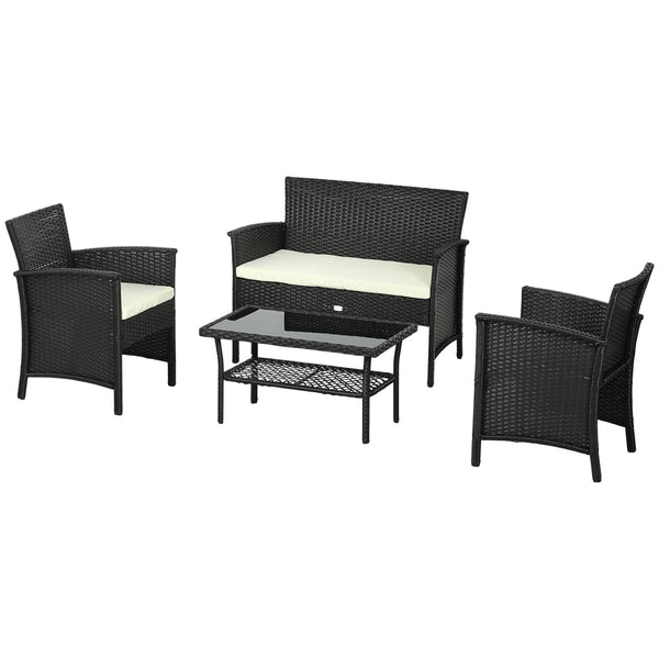 online Set Salotto da Giardino Divano 2 Poltrone con Cuscini e Tavolino in Vetro in Rattan PE Nero