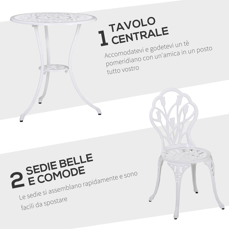 Set Tavolino e 2 Sedie da Giardino in Alluminio Bianco-4