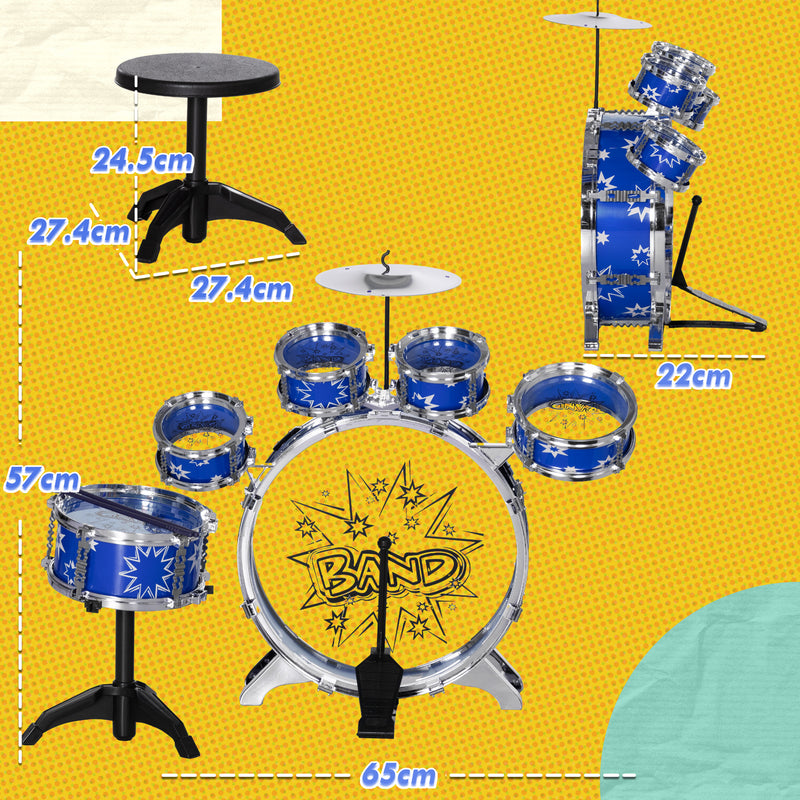 Batteria Musicale Giocattolo per Bambini Grancassa 5 Tamburi e Piatti con Bacchette e Sgabello Blu  -3