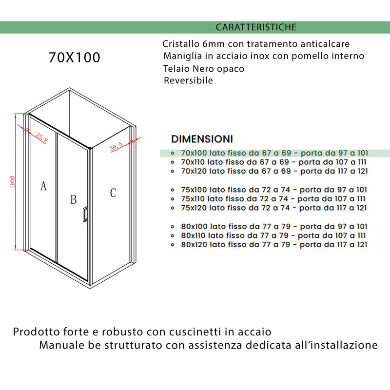 Box Doccia Angolare 1 anta Scorrevole con Profili Neri in Cristallo trasparente 6mm H195 Bonussi Sole Varie Misure-6