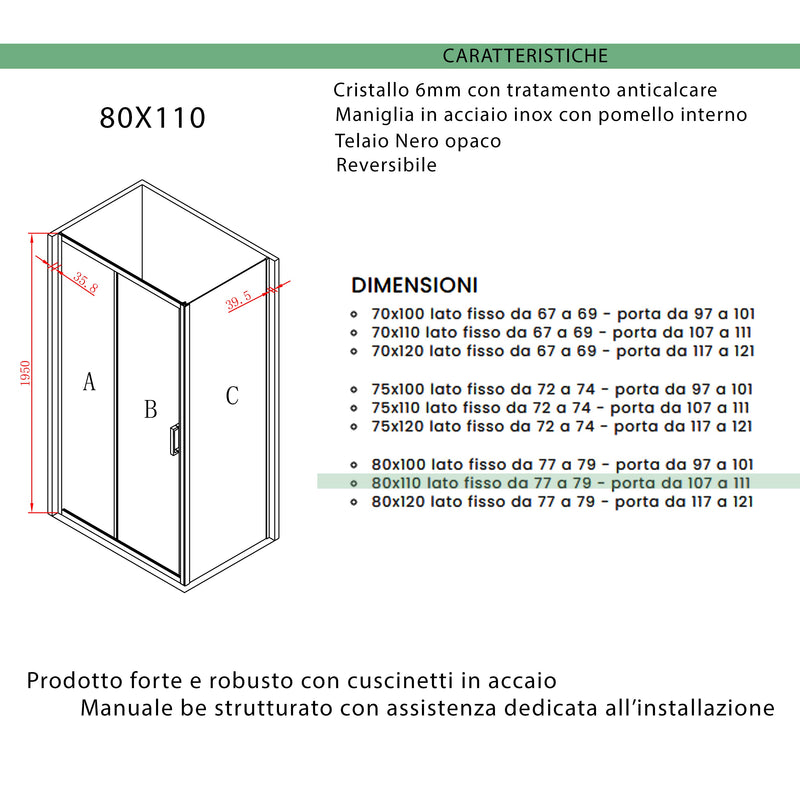 Box Doccia 3 Lati 1 anta Scorrevoli con Profili Neri in Cristallo trasparente 6mm H195 Bonussi Sole Varie Misure-4