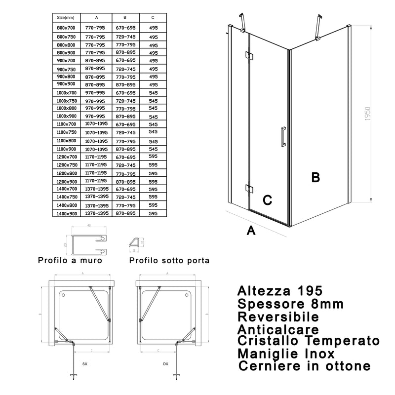 Box Doccia Angolare 1 Anta Battente in Cristallo Trasparente 8mm H195 Bonussi Ilenia Varie Misure-3