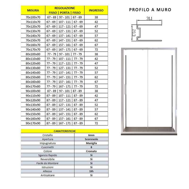 Box Doccia 3 Lati 1 Anta Scorrevole in Cristallo Trasparente 6mm H195 Bonussi Edvige Varie Misure-4