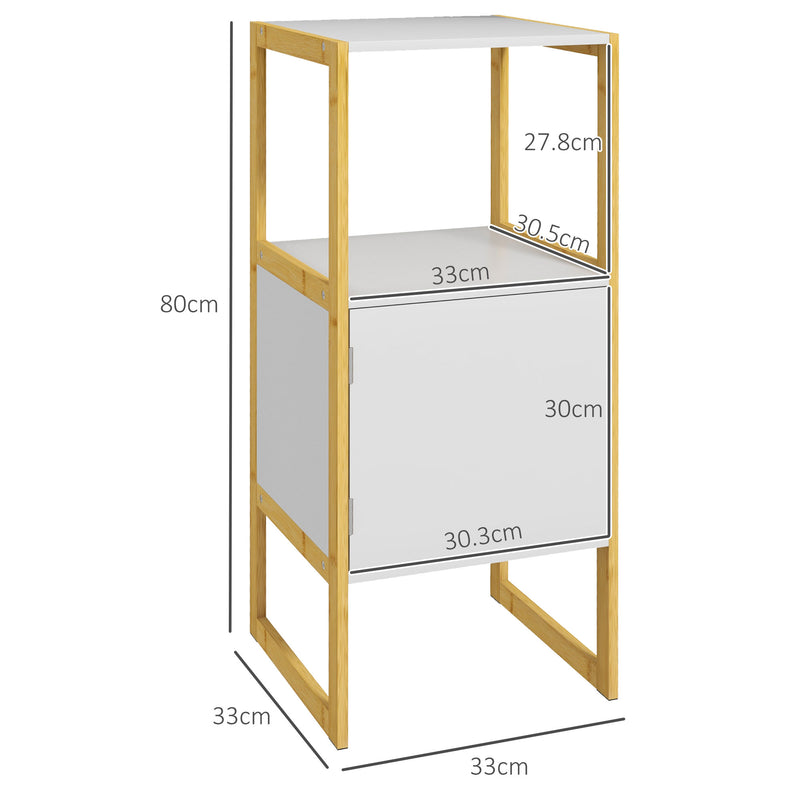 Mobile Bagno con Ripiano Aperto e Anta con Apertura a Pressione 33x33x80 cm in Bambù e MDF Bianco-3