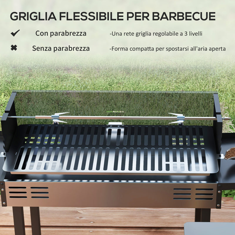 Barbecue a Carbone a 3 Livelli con Mensole Pieghevoli e Girarrosto 118x32x90 cm in Acciaio Inox Nero-5