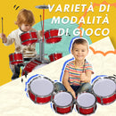 Batteria Musicale Giocattolo per Bambini Grancassa 4 Tamburi e Piatti con Bacchette e Sgabello Rosso  -7