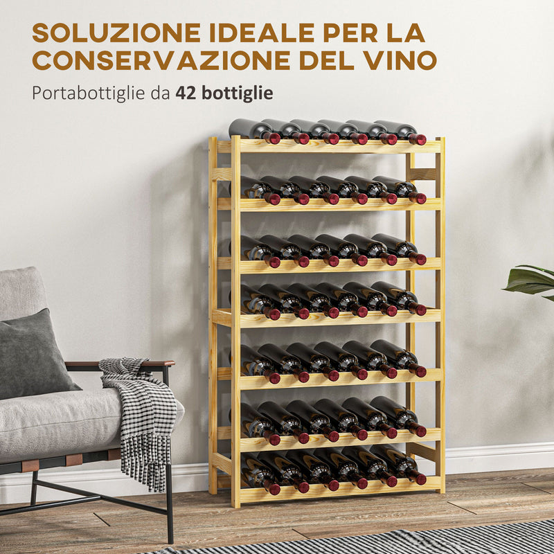 Scaffale Portabottiglie a 7 Livelli per 42 Bottiglie di Vino 63x25x102 cm Legno di Pino Naturale-4