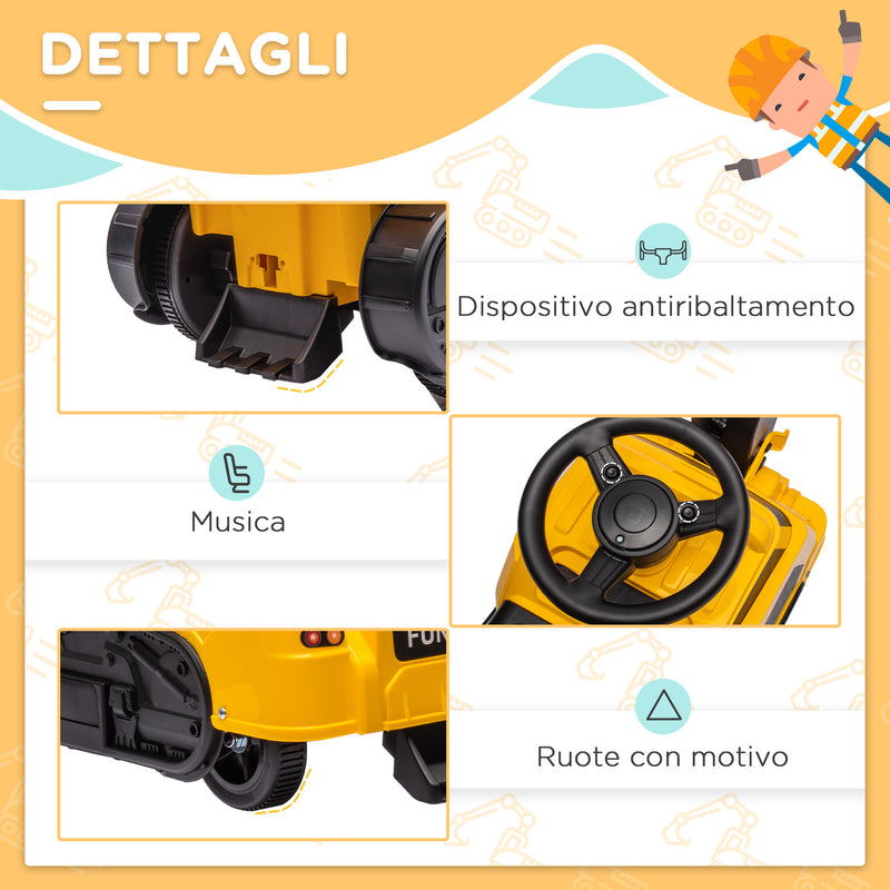 Escavatore Ruspa Cavalcabile per Bambini 3 in 1 100x43x48,5 cm con Volante e Benna di Scavo Giallo e Nero-6