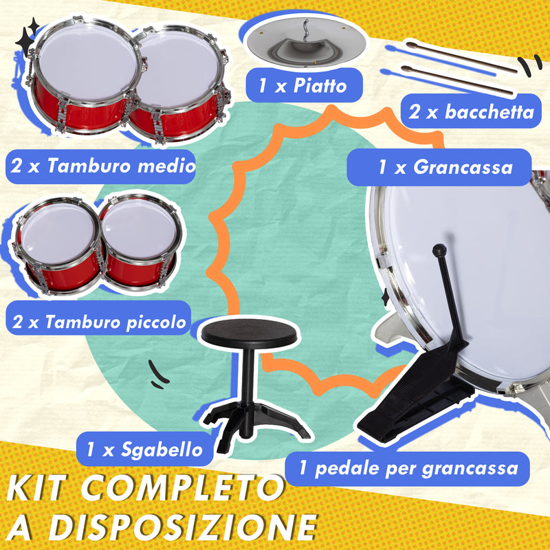 Batteria Musicale Giocattolo per Bambini Grancassa 4 Tamburi e Piatti con Bacchette e Sgabello Rosso  -4