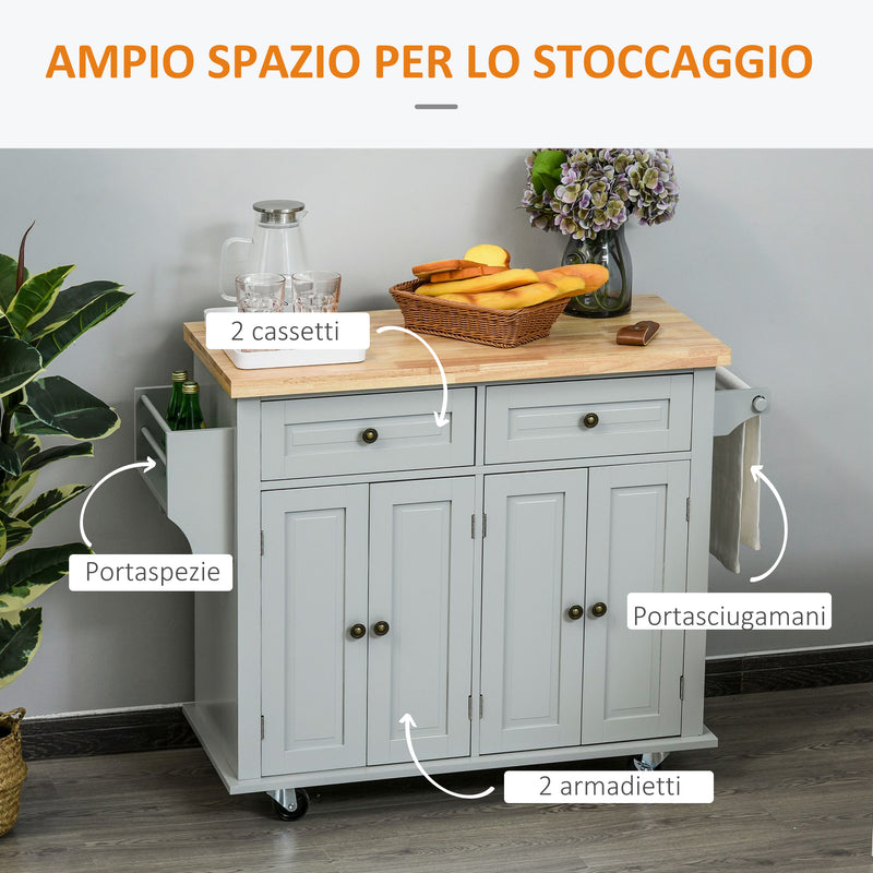 Carrello Isola da Cucina 2 Cassetti e 2 Armadietti Piano in Legno 111x44,5x82,5 cm Grigio  -6