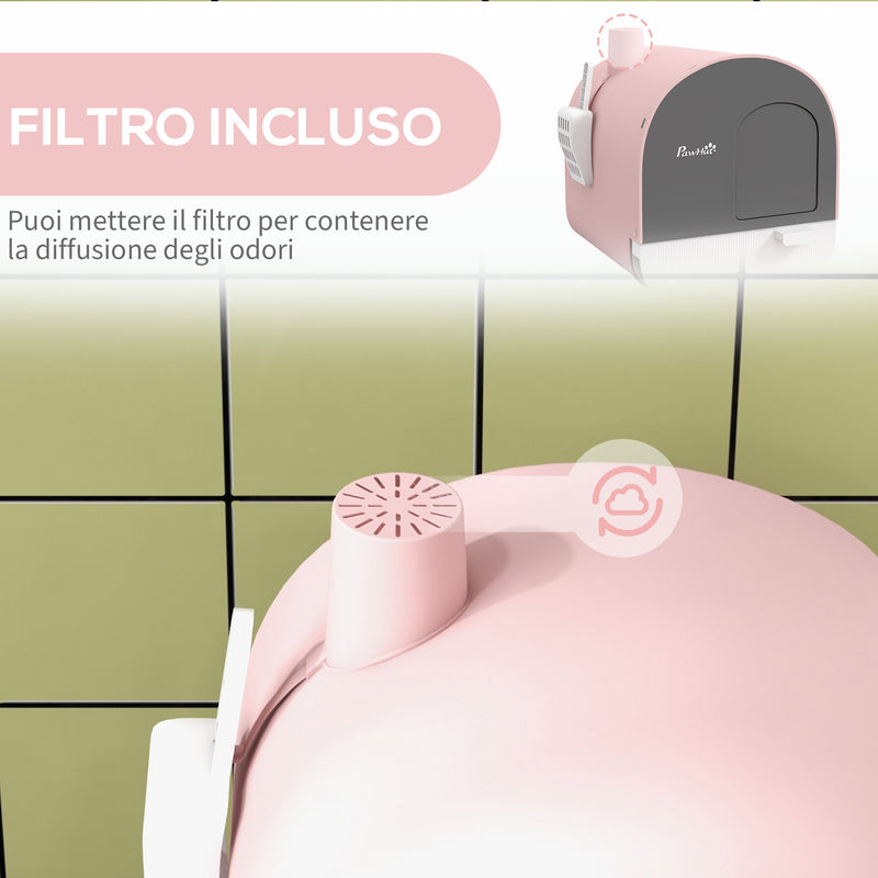 Lettiera per Gatti Chiusa con Filtri 43x44x47 cm Paletta e Vassoio in PP Rosa-6