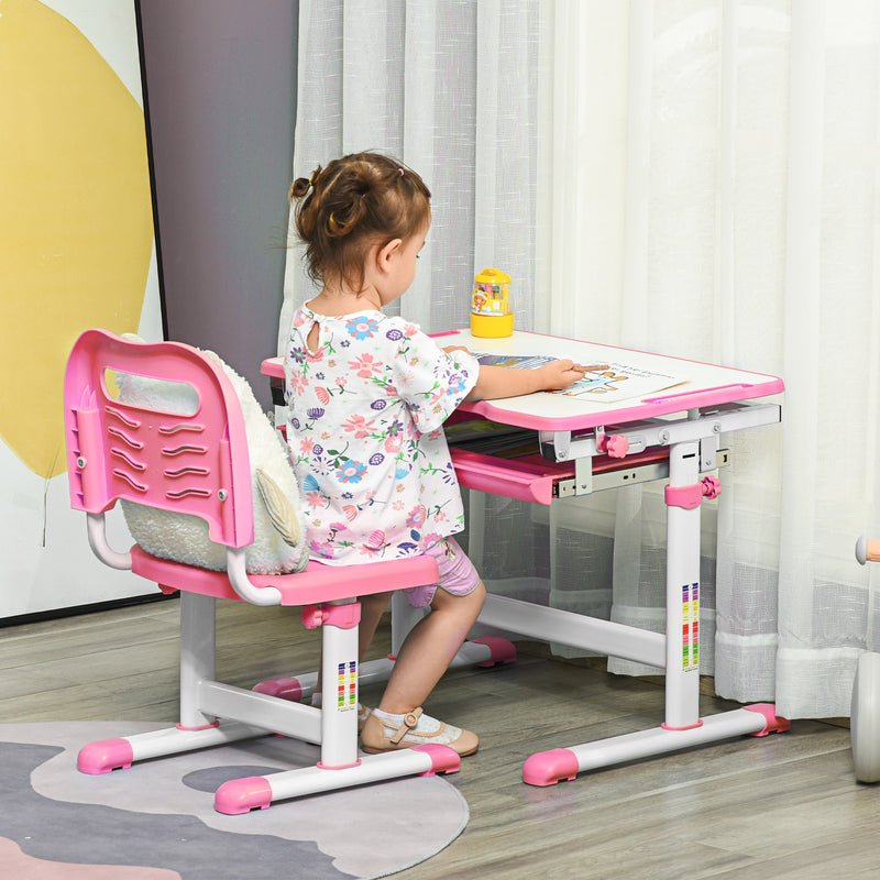 Banco Scuola per Bambini Piano Inclinabile e Sedia Regolabile 66x47x52-77 cm Rosa -2