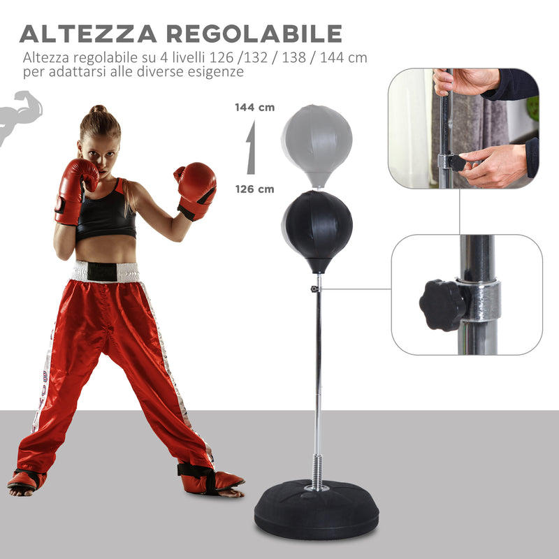 Punching Ball Sacco Boxe da Terra Altezza Regolabile 126-144 cm con Guantoni Nero-4