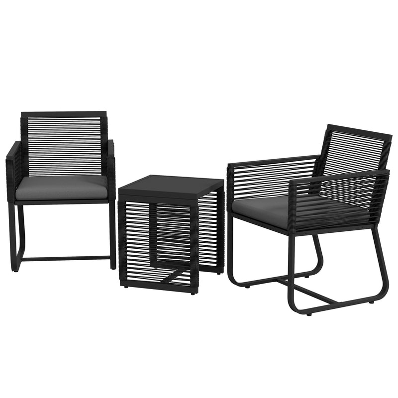 Set Tavolino e 2 Poltroncine con Cuscini da Giardino in Rattan PE Acciaio e Poliestere Nero-1