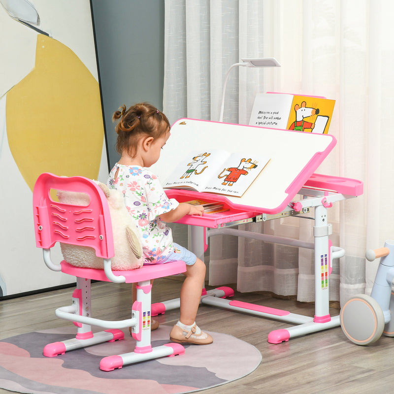 Banco Scuola per Bambini Piano Inclinabile con Luce e Sedia Regolabile Rosa  -2