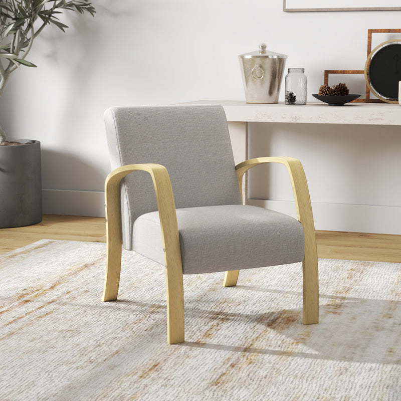 Poltrona Imbottita Stile Scandinavo in Tessuto e Legno di Betulla Grigio  -9