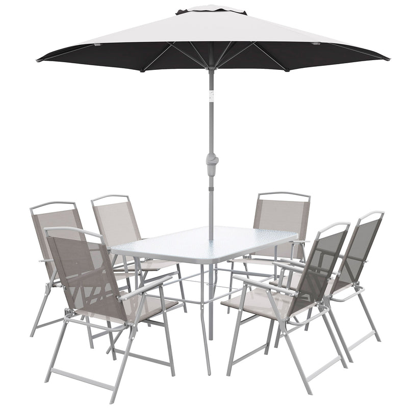 Set Tavolo con Top in Vetro 6 Sedie Pieghevoli e Ombrellone a Manovella da Giardino in Metallo e Rete Grigio-1