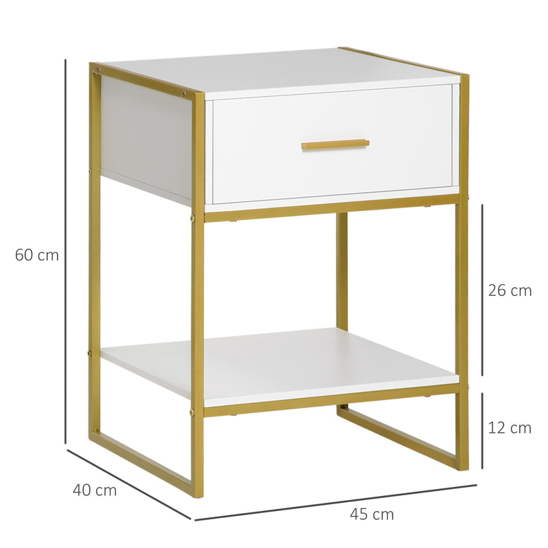 Set 2 Comodini Moderni con Cassetto e Ripiano Aperto 45x40x60 cm in MDF e Acciaio Bianco e Oro-3