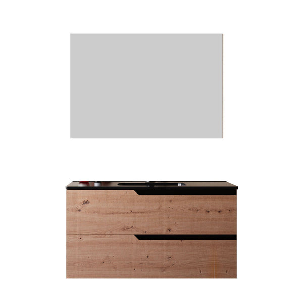 sconto Mobile bagno 80 cm Sospeso Rovere Cartagena con Lavabo Nero Opaco Boston con Specchio Rettangolare Bonussi