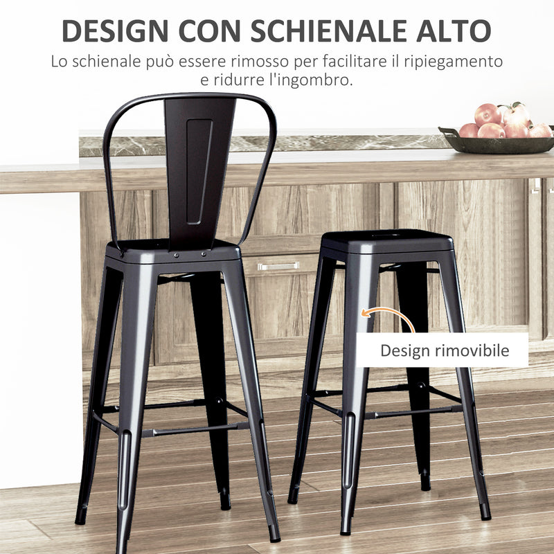 Set 2 Sgabelli da Bar Stile Industriale Schienale Rimovibile 44x49x116 cm in Metallo Nero-4