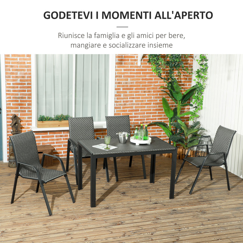 Set Tavolo e 4 Sedie Impilabili da Giardino in Acciaio e Rattan PE Grigio-4