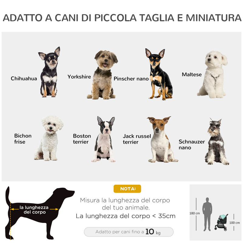 Passeggino per Cani Piccoli Pieghevole con Copertura Antipioggia a 3 Ruote Verde  -4