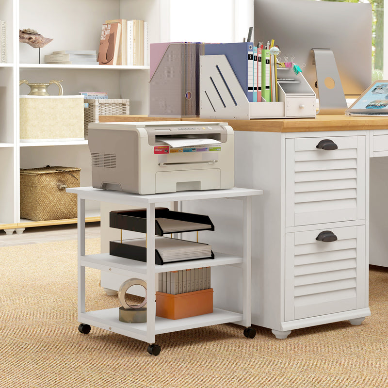 Carrello Porta Stampante a 3 Ripiani con 4 Ruote 50x50x52,5 cm Legno e Acciaio Bianco-2