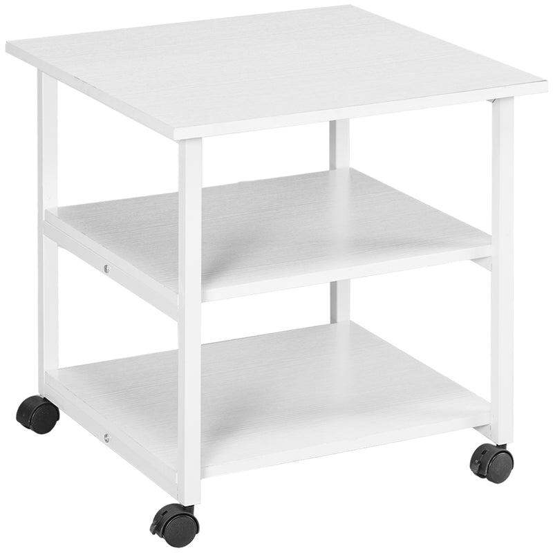 Carrello Porta Stampante a 3 Ripiani con 4 Ruote 50x50x52,5 cm Legno e Acciaio Bianco-1