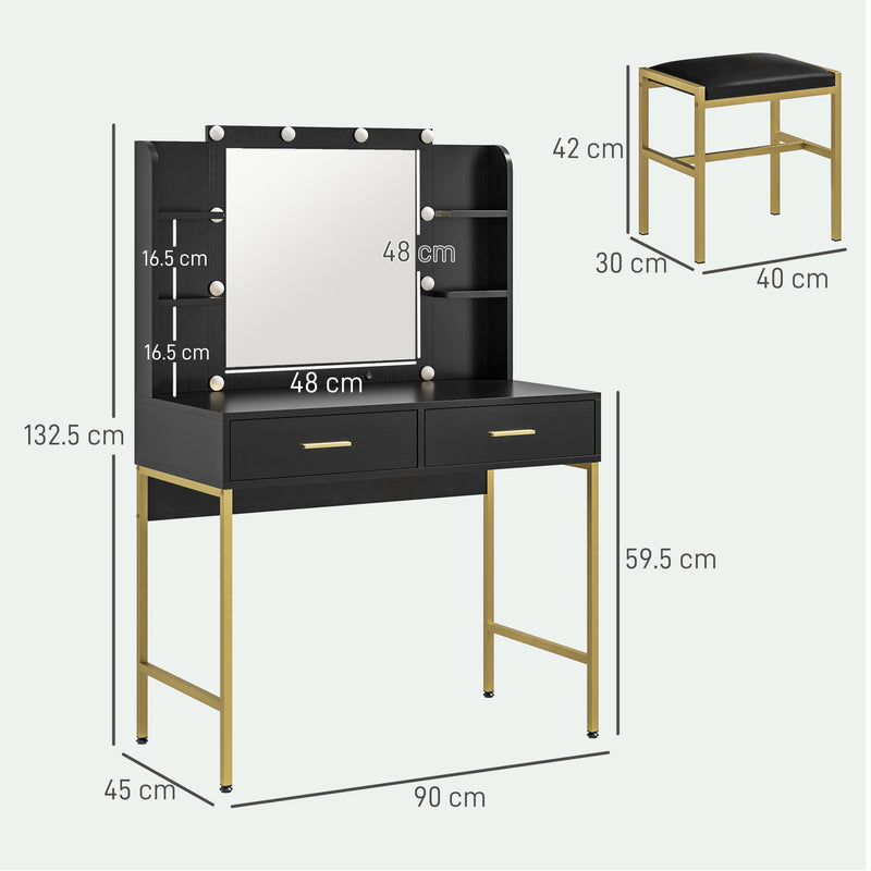 Consolle Trucco 2 Cassetti 6 Ripiani e Specchio 90x45x132,5 cm in Legno e Acciaio Nero  -3