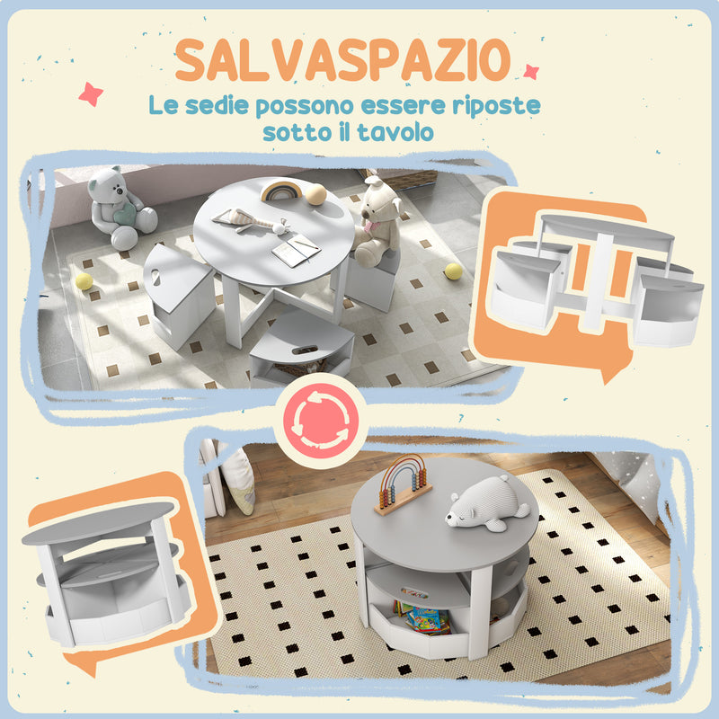 Set Tavolo con 4 Sgabelli Salvaspazio con Vano Contenitore in Legno Grigio -5