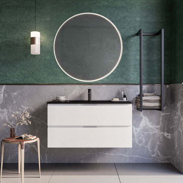 acquista Mobile bagno sospeso 80 cm Bianco lavabo nero opaco Seattle con Specchio Led Retroilluminato Bonussi