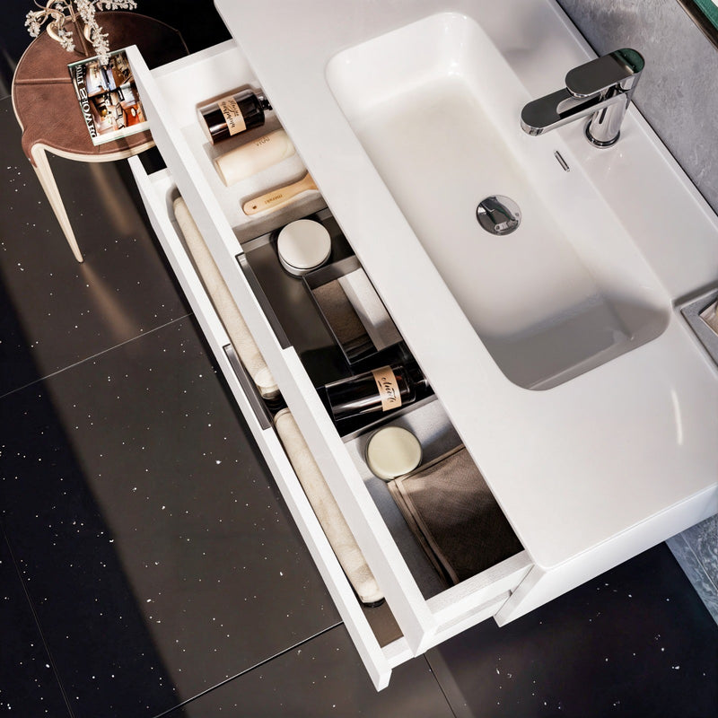 Mobile bagno sospeso 80 cm Bianco lavabo nero opaco Seattle con Specchio Bonussi-2