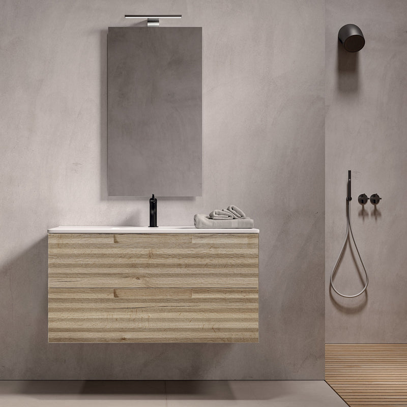 Mobile bagno sospeso 100 cm Rovere Alba ondulato Denver con Specchio Bonussi-2