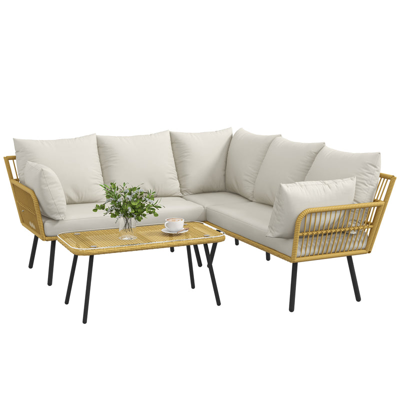 Set Salotto da Giardino Divano Angolare e Tavolino in Rattan e Poliestere Bianco Crema-1