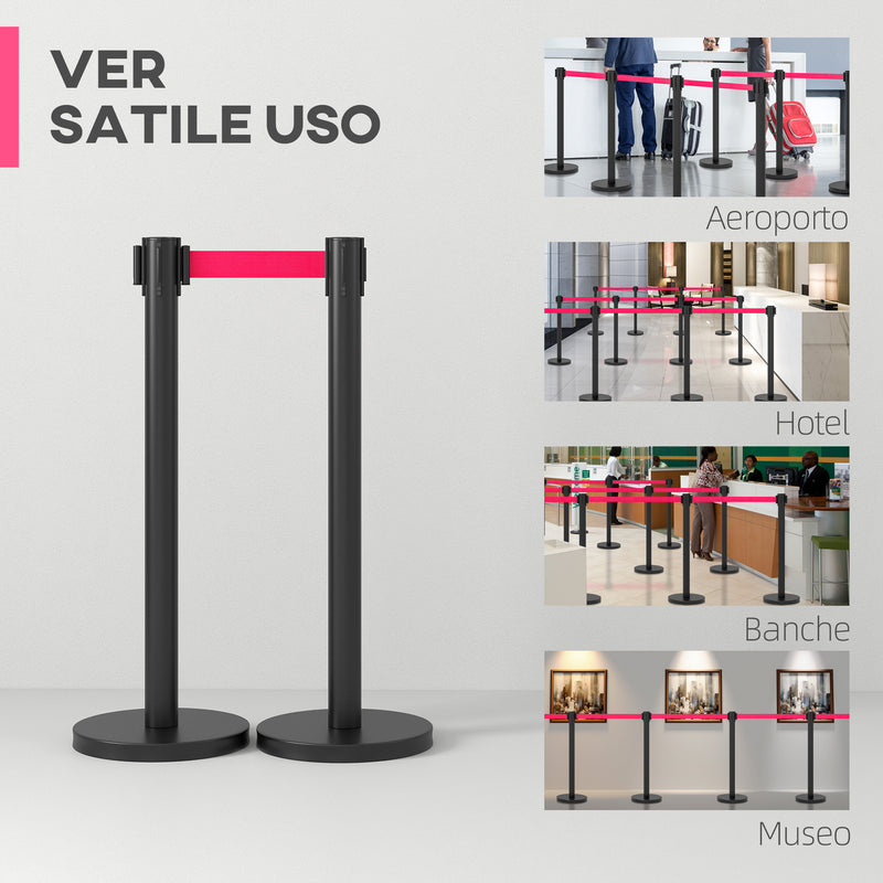 2 Colonnine Tendinastro di 2 m in Acciaio Inox Nero  Ø32x90 cm Nastro Rosso-7