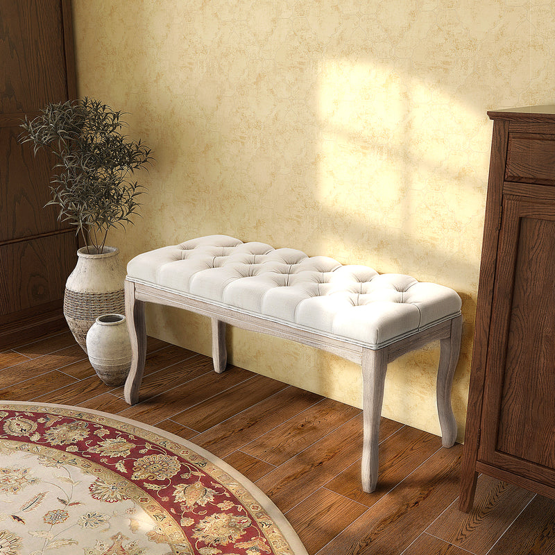 Panca Fondoletto Vintage Trapuntata a Bottoni 110x40x48 cm Tessuto Effetto Lino Beige -8