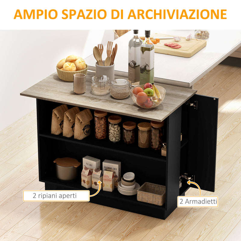 Isola per Cucina con 2 Ripiani Aperti e 2 Armadietti 105x60x82 cm in MDF Rovere e Nero-4