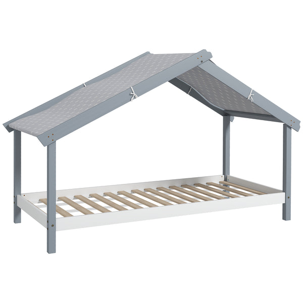 sconto Letto Singolo per Bambini Casetta Tetto Stellato in Tessuto 213x100x140 cm Grigio