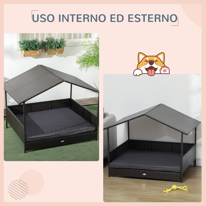 Casetta per Cani Rialzata con Cuscino Sfoderabile 117x85x89 cm in Rattan PE e Acciaio Grigio e Marrone-4