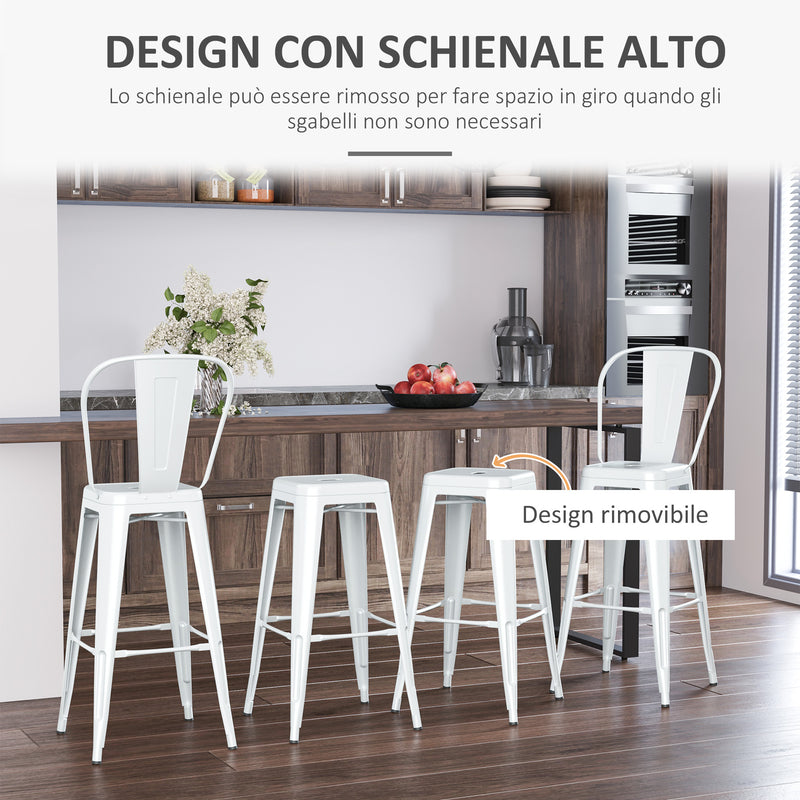 Set 4 Sgabelli da Bar Stile Industriale Schienale Rimovibile 44x53x116 cm in Metallo Bianco-4