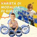 Batteria Musicale Giocattolo per Bambini Grancassa 5 Tamburi e Piatti con Bacchette e Sgabello Blu  -7