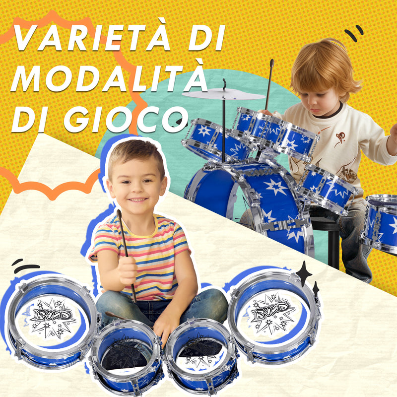 Batteria Musicale Giocattolo per Bambini Grancassa 5 Tamburi e Piatti con Bacchette e Sgabello Blu  -7