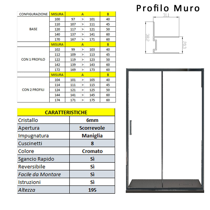 Porta Parete Doccia 1 anta Scorrevoli con Profili Neri in Cristallo trasparente 6mm H195 Bonussi Sole Varie Misure-4