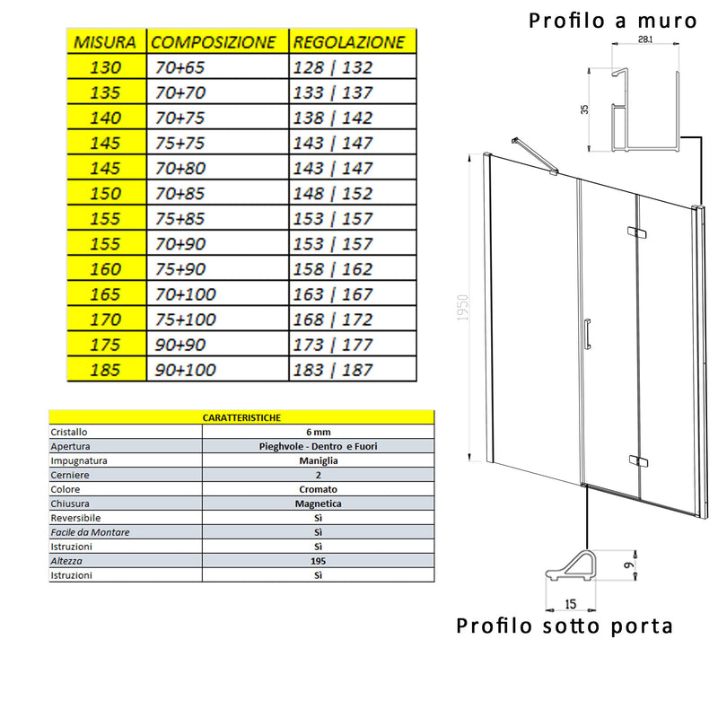 Porta Parete Doccia 1 Anta a Soffietto in Cristallo Trasparente 6mm H195 Bonussi Prisca-3