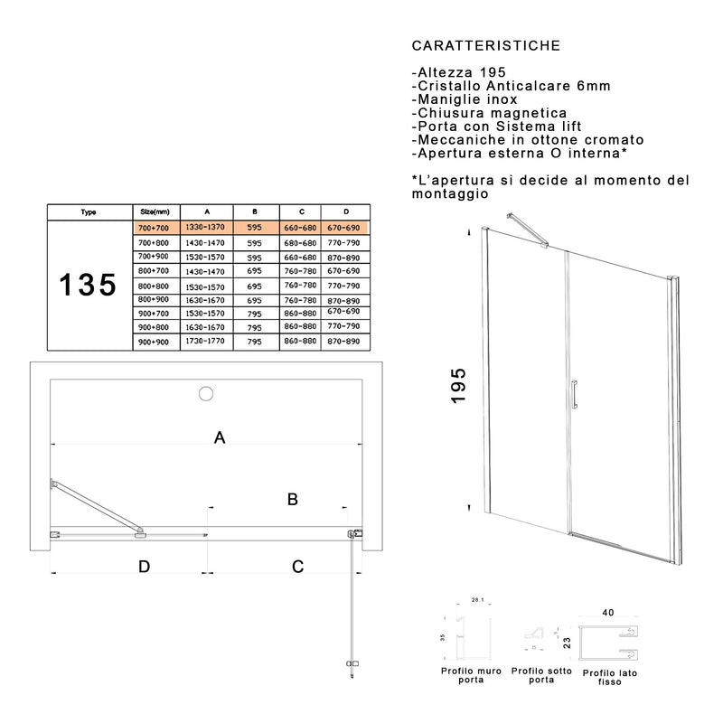 Porta Parete Doccia 1 anta Battente  in Cristallo trasparente 6mm H195 Bonussi Selma Varie Misure-5